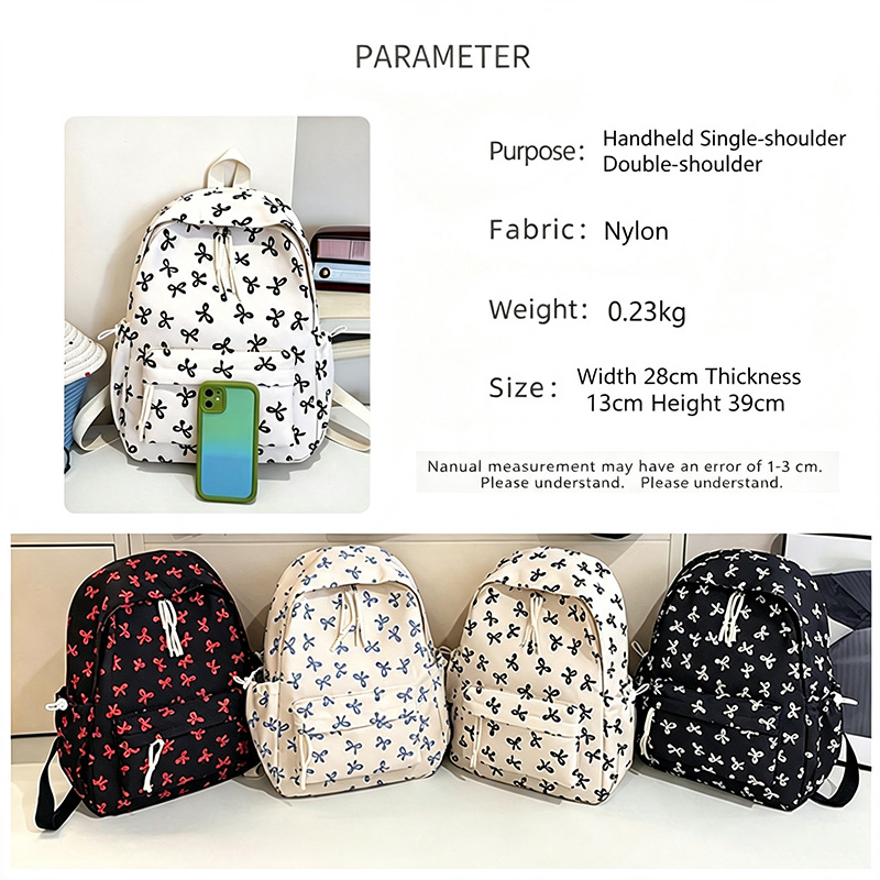 Cute Bow Print Backpack Nylon  - School Backpack Teen recension och pris